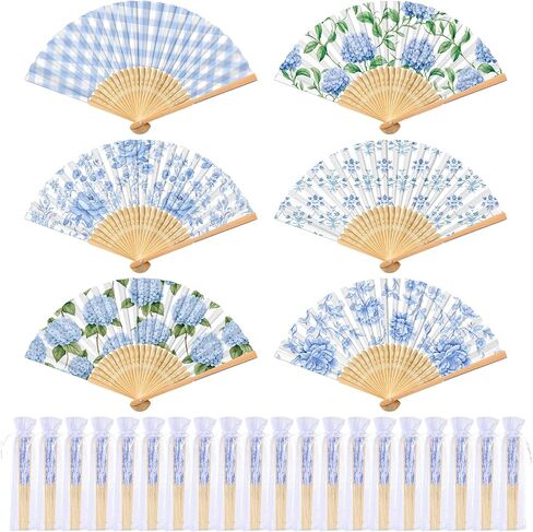 Barydat 50 Pcs Blue Hydrangeas Hand Fan with Gift Bags Decorative Bamboo Folding Fans Bulk Thanks for Coming for Wedding Party Favors Bridal Shower Decorations (Blue Hydrangeas) in Kuwait