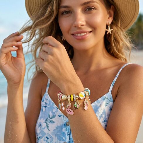 Madison Tyler Beach Bracelet for Women | Seahorse Octopus Tropical Fish Sea Turtle Shell Conch Beaded Charm Bracelet | Cute Gold Plated Adjustable Snake Chain Bracelet in Kuwait