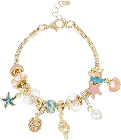 Madison Tyler Beach Bracelet for Women | Seahorse Octopus Tropical Fish Sea Turtle Shell Conch Beaded Charm Bracelet | Cute Gold Plated Adjustable Snake Chain Bracelet in Kuwait