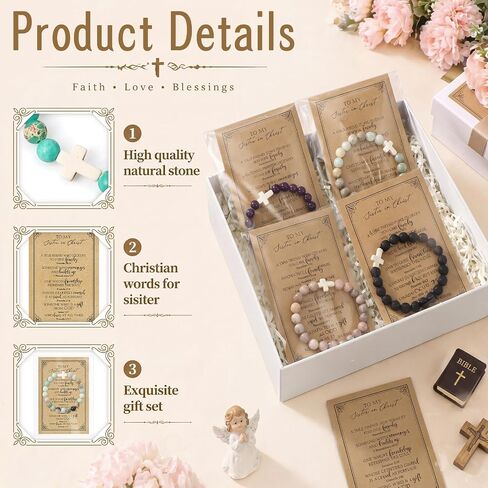 Quelay 6 Sets Sister in Christ Gift for Women Cross Bracelet with Card Inspirational Baptism Graduation Gift for Women in Kuwait
