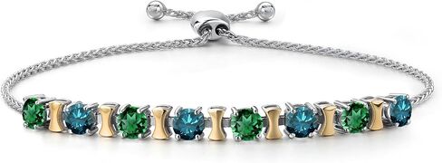 Gem Stone King 2.28 Cttw Green Nano Emerald and Blue Diamond Bracelet For Women | 925 Silver and 10K Yellow Gold | Gemstone May Birthstone | Round 4MM | Adjustable up to 9 Inch in Kuwait