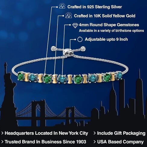 Gem Stone King 2.28 Cttw Green Nano Emerald and Blue Diamond Bracelet For Women | 925 Silver and 10K Yellow Gold | Gemstone May Birthstone | Round 4MM | Adjustable up to 9 Inch in Kuwait