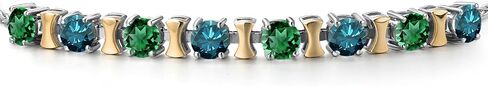 Gem Stone King 2.28 Cttw Green Nano Emerald and Blue Diamond Bracelet For Women | 925 Silver and 10K Yellow Gold | Gemstone May Birthstone | Round 4MM | Adjustable up to 9 Inch in Kuwait