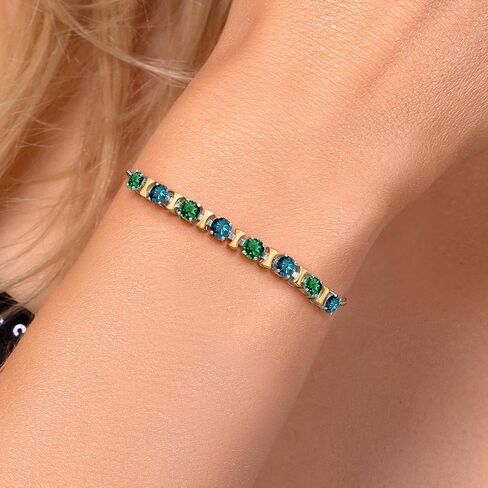 Gem Stone King 2.28 Cttw Green Nano Emerald and Blue Diamond Bracelet For Women | 925 Silver and 10K Yellow Gold | Gemstone May Birthstone | Round 4MM | Adjustable up to 9 Inch in Kuwait