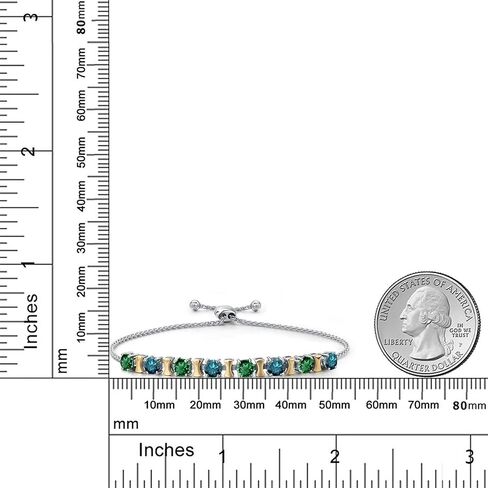 Gem Stone King 2.28 Cttw Green Nano Emerald and Blue Diamond Bracelet For Women | 925 Silver and 10K Yellow Gold | Gemstone May Birthstone | Round 4MM | Adjustable up to 9 Inch in Kuwait