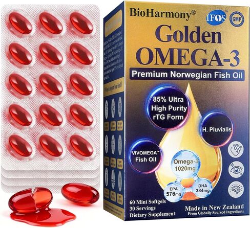 زيت السمك BioHarmony أوميغا 3 1020 مجم - 85% rTG عالي الامتصاص مع EPA 576 مجم DHA 384 مجم - زيت السمك النرويجي الحائز على 5 نجوم من IFOS، عبوة نفطة، تم تصنيعها في نيوزيلندا، 60 كبسولة هلامية in Kuwait