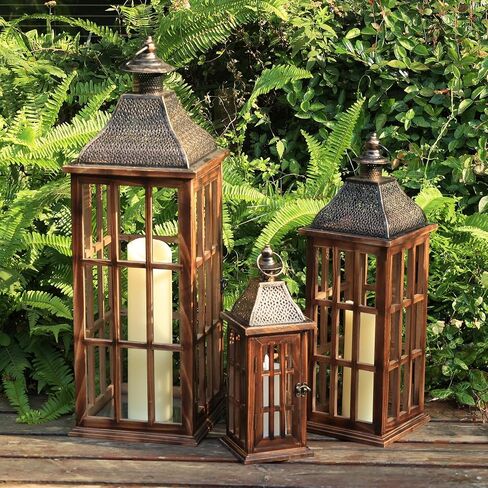 Large Farmhouse Wooden Lantern Decorative Indoor & Outdoor,30‘’/20‘’H Set of 2 Rustic Hanging Candle Lanterns, Wooden Outdoor Lanterns for Patio Front Porch Table, Natural Wood in Saudi Arabia