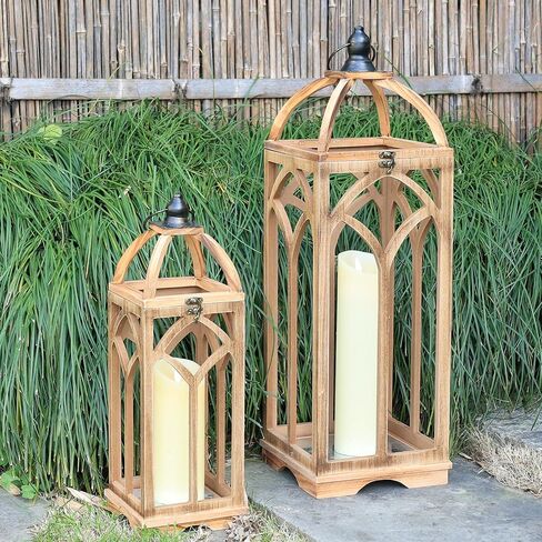 Large Farmhouse Wooden Lantern Decorative Indoor & Outdoor,30‘’/20‘’H Set of 2 Rustic Hanging Candle Lanterns, Wooden Outdoor Lanterns for Patio Front Porch Table, Natural Wood in Saudi Arabia