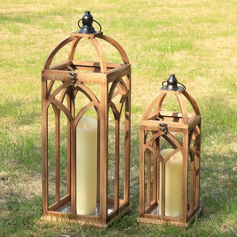 Large Farmhouse Wooden Lantern Decorative Indoor & Outdoor,30‘’/20‘’H Set of 2 Rustic Hanging Candle Lanterns, Wooden Outdoor Lanterns for Patio Front Porch Table, Natural Wood in Saudi Arabia