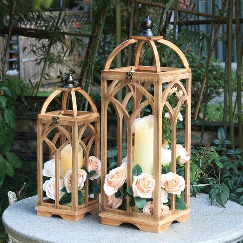 Large Farmhouse Wooden Lantern Decorative Indoor & Outdoor,30‘’/20‘’H Set of 2 Rustic Hanging Candle Lanterns, Wooden Outdoor Lanterns for Patio Front Porch Table, Natural Wood in Saudi Arabia