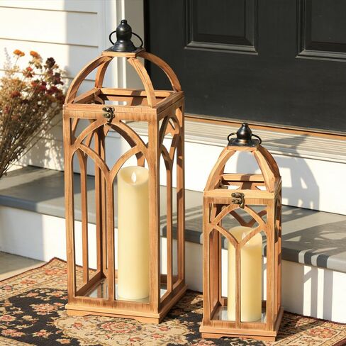 Large Farmhouse Wooden Lantern Decorative Indoor & Outdoor,30‘’/20‘’H Set of 2 Rustic Hanging Candle Lanterns, Wooden Outdoor Lanterns for Patio Front Porch Table, Natural Wood in Saudi Arabia