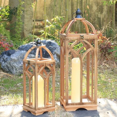 Large Farmhouse Wooden Lantern Decorative Indoor & Outdoor,30‘’/20‘’H Set of 2 Rustic Hanging Candle Lanterns, Wooden Outdoor Lanterns for Patio Front Porch Table, Natural Wood in Saudi Arabia