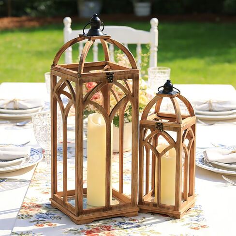 Large Farmhouse Wooden Lantern Decorative Indoor & Outdoor,30‘’/20‘’H Set of 2 Rustic Hanging Candle Lanterns, Wooden Outdoor Lanterns for Patio Front Porch Table, Natural Wood in Saudi Arabia