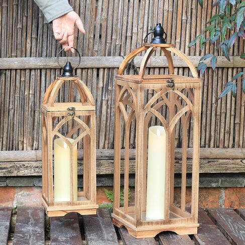 Large Farmhouse Wooden Lantern Decorative Indoor & Outdoor,30‘’/20‘’H Set of 2 Rustic Hanging Candle Lanterns, Wooden Outdoor Lanterns for Patio Front Porch Table, Natural Wood in Saudi Arabia