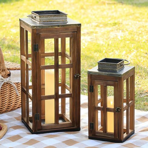 Large Farmhouse Wooden Lantern Decorative Indoor & Outdoor,30‘’/20‘’H Set of 2 Rustic Hanging Candle Lanterns, Wooden Outdoor Lanterns for Patio Front Porch Table, Natural Wood in Saudi Arabia