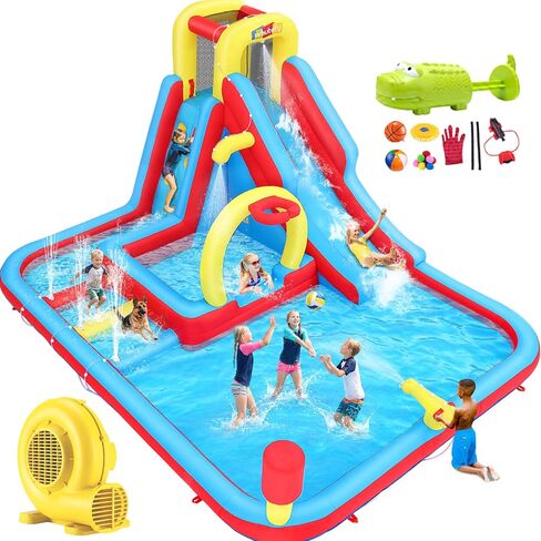 Whubefy 18Ftx14Ft Inflatable Water Slide Park for Kids, Big Waterslide Bounce House with Extra Long Dual Slides, Splash Pool, Deep Pool, 5 Toys, Blow Up Water Slides Inflatables for Kids Backyard Fun in Saudi Arabia