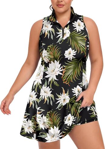 Womens Plus Size Tennis Dress Sleeveless 1/4 Zip Up Athletic Golf Dresses UPF 50+ Summer Floral Vacation Beach Dress in Saudi Arabia