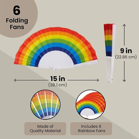 مراوح يدوية قابلة للطي من Juvale Rainbow - تبريد محمول صغير الحجم - ديكور فخر متعدد الألوان - استخدام يدوي وشاشة تثبيت على الحائط - 15 بوصة مفتوحة، 9 بوصة مطوية - عبوة من 6 قطع in Kuwait