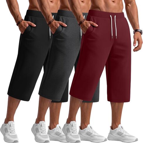3 Pack Men's Capri Pants Big and Tall Below Knee 3/4 Shorts Elastic Waist Summer Casual Shorts with Pockets in Kuwait