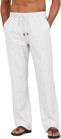 Riskrole Men’s Cotton Linen Pants Elastic Waist Drawstring Summer Beach Casual Pants Loose Fit Yoga Trousers in Kuwait