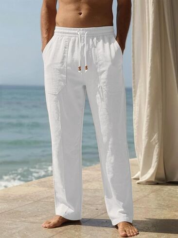 Riskrole Men’s Cotton Linen Pants Elastic Waist Drawstring Summer Beach Casual Pants Loose Fit Yoga Trousers in Kuwait