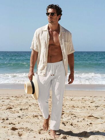 Riskrole Men’s Cotton Linen Pants Elastic Waist Drawstring Summer Beach Casual Pants Loose Fit Yoga Trousers in Kuwait