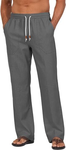 Riskrole Men’s Cotton Linen Pants Elastic Waist Drawstring Summer Beach Casual Pants Loose Fit Yoga Trousers in Saudi Arabia