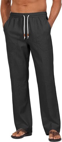Riskrole Men’s Cotton Linen Pants Elastic Waist Drawstring Summer Beach Casual Pants Loose Fit Yoga Trousers in Kuwait