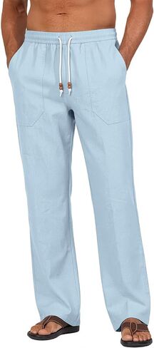 Riskrole Men’s Cotton Linen Pants Elastic Waist Drawstring Summer Beach Casual Pants Loose Fit Yoga Trousers in Kuwait
