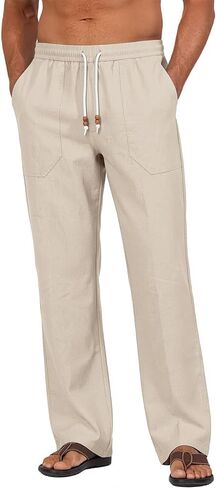 Riskrole Men’s Cotton Linen Pants Elastic Waist Drawstring Summer Beach Casual Pants Loose Fit Yoga Trousers in Kuwait