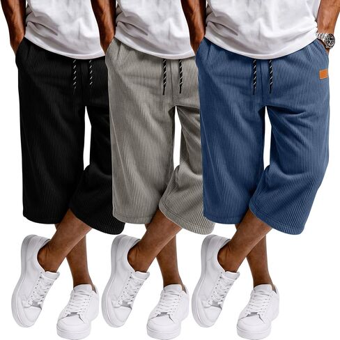 3 Pack Men's Capri Pants Summer Beach Casual Corduroy Elastic Waist 3/4 Pants with Side Pockets and Drawstring in Kuwait