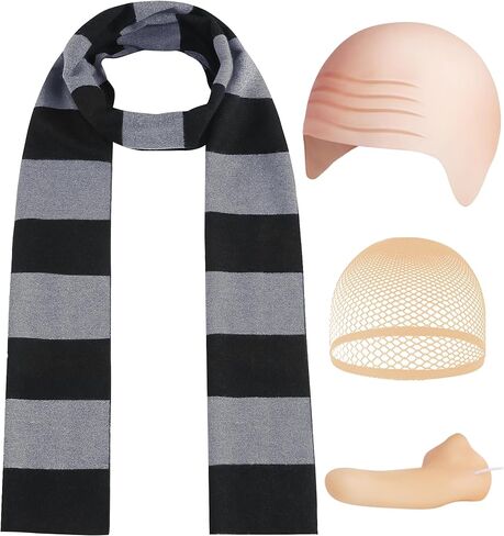 4 Pcs Halloween Costume Accessories for Adult,Bald Cap/Fake Nose/Black Gray Striped Scarf for Men Cosplay Dress Up in Saudi Arabia