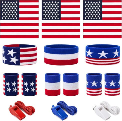 Unittype 15 Pack American Flag Patriotic Accessories Set, Red White Blue Bandana Headband, Striped Sweat Wristbands & Whistles, 4th of July Party Favors, Sports Games Costume Outfit Supplies in Kuwait