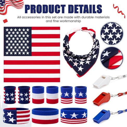 Unittype 15 Pack American Flag Patriotic Accessories Set, Red White Blue Bandana Headband, Striped Sweat Wristbands & Whistles, 4th of July Party Favors, Sports Games Costume Outfit Supplies in Kuwait