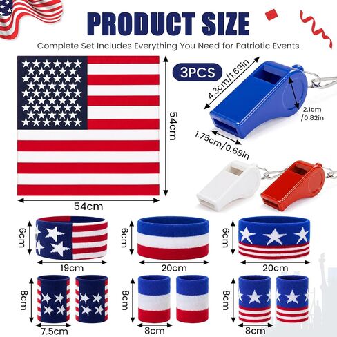 Unittype 15 Pack American Flag Patriotic Accessories Set, Red White Blue Bandana Headband, Striped Sweat Wristbands & Whistles, 4th of July Party Favors, Sports Games Costume Outfit Supplies in Kuwait