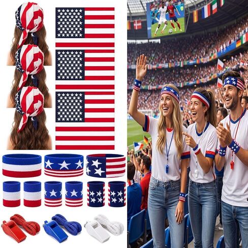 Unittype 15 Pack American Flag Patriotic Accessories Set, Red White Blue Bandana Headband, Striped Sweat Wristbands & Whistles, 4th of July Party Favors, Sports Games Costume Outfit Supplies in Kuwait
