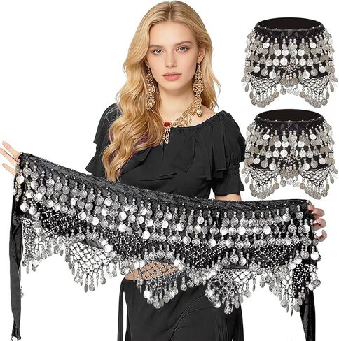 Women 2Pcs Belly Dance Triangle Coin Scarves Belly Dancer Hip Belts Costume Skirt in Saudi Arabia