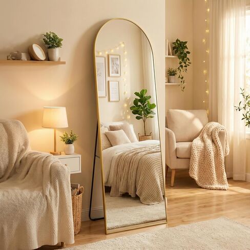 64"x21" Inch Full Length Mirror with Stand, Arched Aluminum Frame Wall Mirror & Freestanding Hanging Mounted Mirrors, Tempered Glass Full Body Mirrors for Bedroom, Living Room Decor,Gold in Saudi Arabia