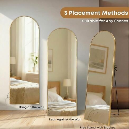 64"x21" Inch Full Length Mirror with Stand, Arched Aluminum Frame Wall Mirror & Freestanding Hanging Mounted Mirrors, Tempered Glass Full Body Mirrors for Bedroom, Living Room Decor,Gold in Saudi Arabia