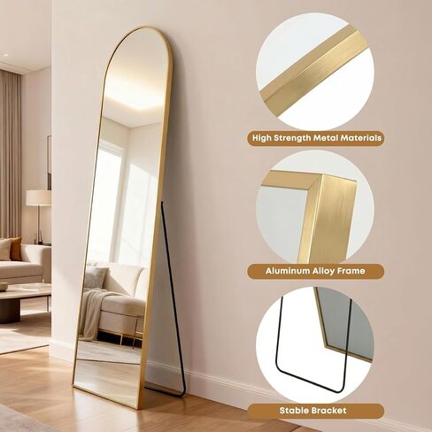 64"x21" Inch Full Length Mirror with Stand, Arched Aluminum Frame Wall Mirror & Freestanding Hanging Mounted Mirrors, Tempered Glass Full Body Mirrors for Bedroom, Living Room Decor,Gold in Saudi Arabia