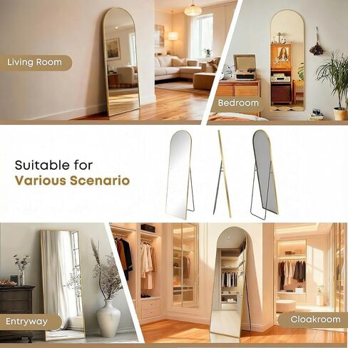 64"x21" Inch Full Length Mirror with Stand, Arched Aluminum Frame Wall Mirror & Freestanding Hanging Mounted Mirrors, Tempered Glass Full Body Mirrors for Bedroom, Living Room Decor,Gold in Saudi Arabia