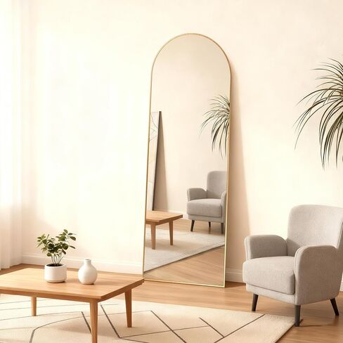 Full Length Mirror with HD Tempered Glass, Wall Mounted or Free Standing Floor Mirror with Stand, No Distortion, Sleek Safe Frame for Bedroom, Living Room, Entryway (Gold, 56") in Saudi Arabia