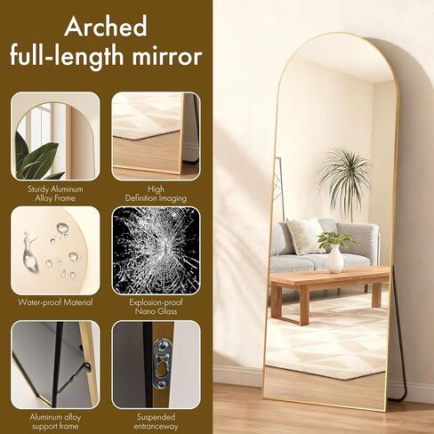 Full Length Mirror with HD Tempered Glass, Wall Mounted or Free Standing Floor Mirror with Stand, No Distortion, Sleek Safe Frame for Bedroom, Living Room, Entryway (Gold, 56") in Saudi Arabia