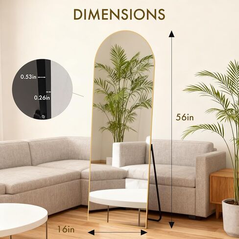 Full Length Mirror with HD Tempered Glass, Wall Mounted or Free Standing Floor Mirror with Stand, No Distortion, Sleek Safe Frame for Bedroom, Living Room, Entryway (Gold, 56") in Saudi Arabia
