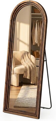 Arched Wood Floor Mirror with Stand, 63" x 21" Rustic Walnut Triple-Layer Solid Wood Frame Full Length Body Mirror, Shatterproof Tempered Glass, Wall Mounted or Leaning for Bedroom Entryway in Saudi Arabia