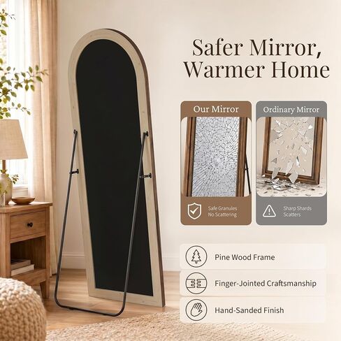 Arched Wood Floor Mirror with Stand, 63" x 21" Rustic Walnut Triple-Layer Solid Wood Frame Full Length Body Mirror, Shatterproof Tempered Glass, Wall Mounted or Leaning for Bedroom Entryway in Saudi Arabia