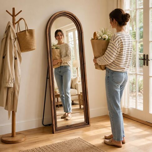 Arched Wood Floor Mirror with Stand, 63" x 21" Rustic Walnut Triple-Layer Solid Wood Frame Full Length Body Mirror, Shatterproof Tempered Glass, Wall Mounted or Leaning for Bedroom Entryway in Saudi Arabia