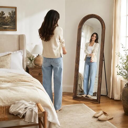 Arched Wood Floor Mirror with Stand, 63" x 21" Rustic Walnut Triple-Layer Solid Wood Frame Full Length Body Mirror, Shatterproof Tempered Glass, Wall Mounted or Leaning for Bedroom Entryway in Saudi Arabia