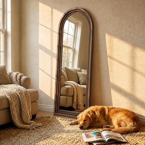 Arched Wood Floor Mirror with Stand, 63" x 21" Rustic Walnut Triple-Layer Solid Wood Frame Full Length Body Mirror, Shatterproof Tempered Glass, Wall Mounted or Leaning for Bedroom Entryway in Saudi Arabia