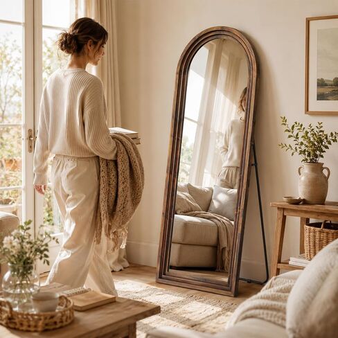 Arched Wood Floor Mirror with Stand, 63" x 21" Rustic Walnut Triple-Layer Solid Wood Frame Full Length Body Mirror, Shatterproof Tempered Glass, Wall Mounted or Leaning for Bedroom Entryway in Saudi Arabia